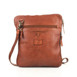 Tan crossbody bag and a white background