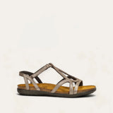 Naot Dorith silver flat sandal with elegant strappy design and cushioned footbed, perfect for casual or dressy summer wear.