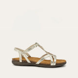 Naot Dorith 4710 gold flat sandal with open toe and adjustable strap, featuring elegant design and comfortable footbed.
