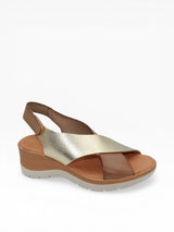 Eric Michael Elena tan and gold sandal showing stylish straps and open toe design for summer wear.