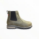 A single Nexus Chelsea boot in olive green leather with a black elastic side panel, shown in profile against a plain white background.