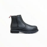 Black boot with a zipper on a white background