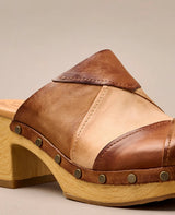 Brown and beige wooden clog shoe on a beige background