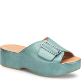Kork Ease York sandal featuring tan leather straps and a chunky wooden heel, stylish and comfortable footwear for warm weather.