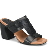 Black sandal with a block heel on a white background