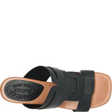 Black sandal with brown sole on a white background