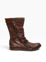 Brown Eric Michael Kiersten boot featuring a sleek design with a rounded toe and ankle-high style.