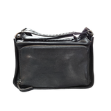 Black leather handbag with a strap on a white background