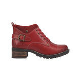 Red leather boot with a buckle on a white background
