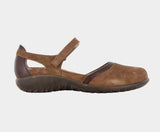 Brown mary jane shoe and a white background