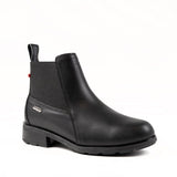 A black leather Chelsea-style ankle boot with a black elastic side panel and a low block heel, shown from a three-quarters angle on a white background.