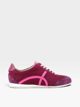 Strada Naot Haven sport sneaker in burgundy and bright pink suede with cream laces and a white cushioned sole