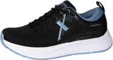 Black running shoe with blue accents on a white background