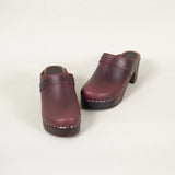 Pair of wine colored leather heel shoe on a white background