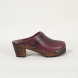 Wine colored leather heel shoe on a white background