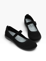 A pair of black flat Mary Jane shoes with a textured knit upper and a single hook-and-loop strap, displayed on a clean white background.