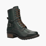 Green leather boot with brown laces on a white background
