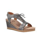 Gray wedge sandal with brown sole on a white background