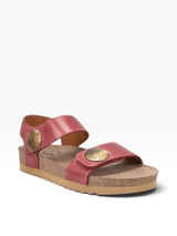Red sandal with gold accents on a beige background