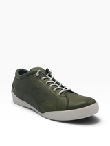 An olive green leather low-top sneaker with white laces and a white rubber sole, shown from a three-quarters angle on a white background.