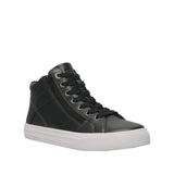A black leather high-top sneaker with a white rubber sole, shown from a side profile against a solid black background.