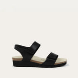 Black leather sandals with an ivory backdrop
