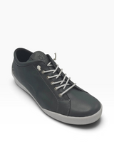 Grey leather sneaker with white laces on a white background