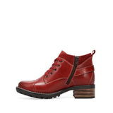 Red leather boot with a zipper on a white background