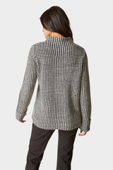 Strada Habitat Pineview pullover featuring a black and white textured cabin stripe pattern and a relaxed mock neck.