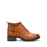 Brown leather boot with a buckle on a white background