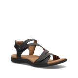 Black sandal with brown sole on a white background