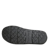 A close-up of a black textured shoe sole with diamond-pattern tread and embossed branding, shown against a plain white background.
