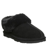 Black slipper with fur trim on a white background