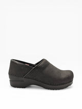 Black pebbled oiled Sanita Original 450206W women's pro clog showing the textured leather upper and sturdy clog sole.