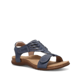 Blue sandal with brown sole on a white background