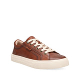 Brown leather sneaker with white laces on a white background