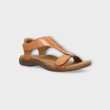Tan sandal on a light gray background