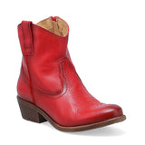 Red Miz Mooz Carlitos Western boot for women with pointed toe and stacked heel, stylish leather design.