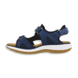 Blue sandal with brown sole on a white background