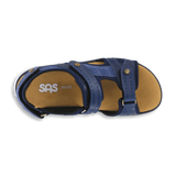 Blue sandal with tan insole on a white background
