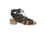 Eric Michael Roxanne black leather sandal for women, featuring a stylish open-toe design and ankle strap.