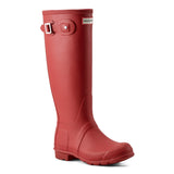 Red rain boot with a white background