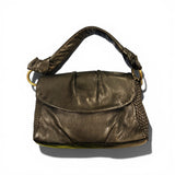 Black leather handbag on a white background