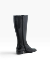 Strada Ara Grantham black calf leather tall boot with side zipper, elastic panel, and comfortable block heel