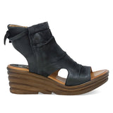 Black Miz Mooz Anna open toe wedge sandal for women, featuring a stylish design with a comfortable wedge heel.