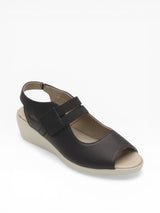 Black Cloud Harper Wedge Sandal for women with ankle strap and cork wedge heel, stylish and comfortable footwear by Cloud Footwear