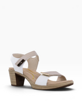 Strada Naot Intact dress sandal in white and beige leather with adjustable hook and loop straps and a block heel.