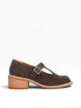 Strada Kork Ease Jesse dark brown suede T-strap oxford shoe with a chunky block heel and gold buckle side view