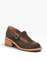 Strada Kork Ease Jesse dark brown suede T-strap oxford shoe with a block heel and brass buckle detail