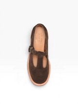 Strada Kork Ease Jesse brown suede T-strap oxford shoe with a rugged lug sole and adjustable buckle closure